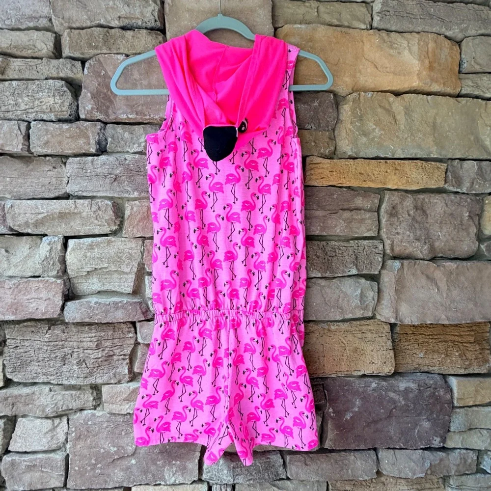 Justice Girls 14/16 Romper Pink Flamingo Hooded Zip Up Sleeveless Animal Novelty